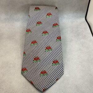J. Crew Navy and White Striped Tie with Red & Green Crest Motif